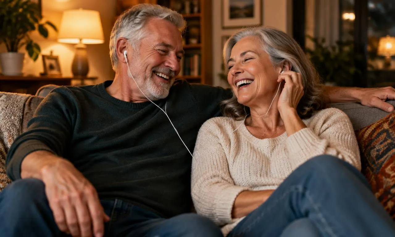 Older couple sharing earphones and laughing while listening to an anniversary song