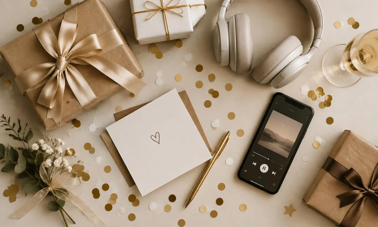 Wrapped gifts, a handwritten card, headphones and a phone playing music