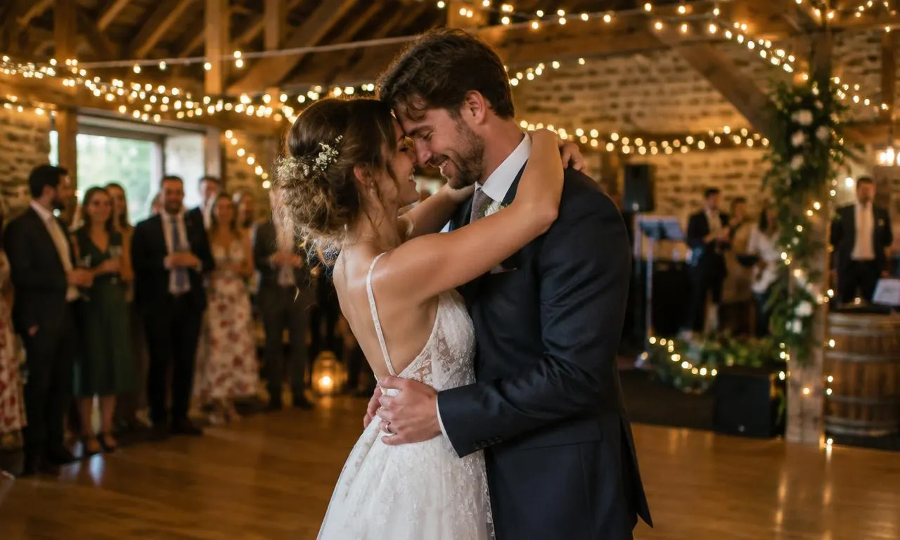 Bride and groom sharing their first dance in a barn decorated with fairy lights